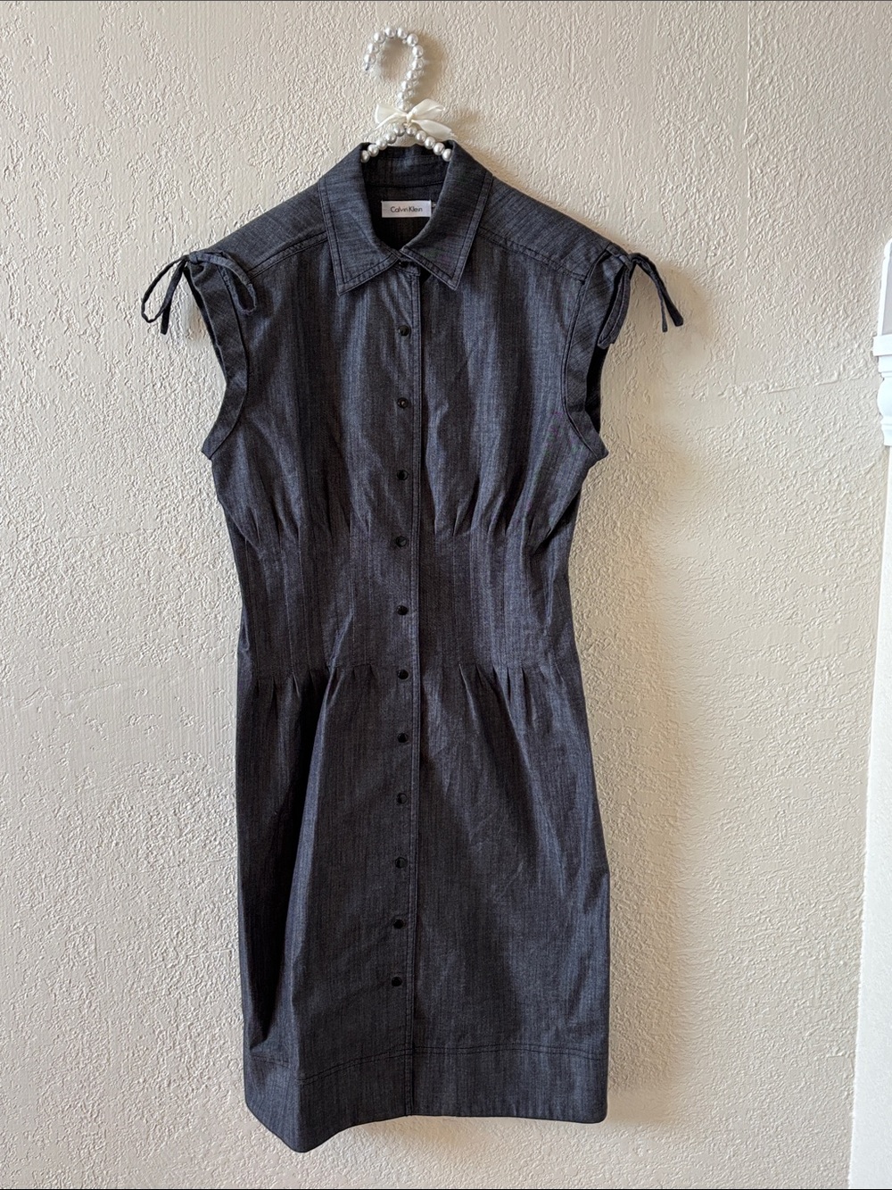 Calvin‎ Klein. Charcoal Denim Button-Front Midi Shirt Dress